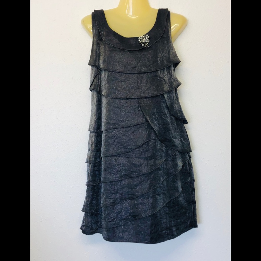 R&M Richards Dress Tiered Ruffle Charcoal Metallic